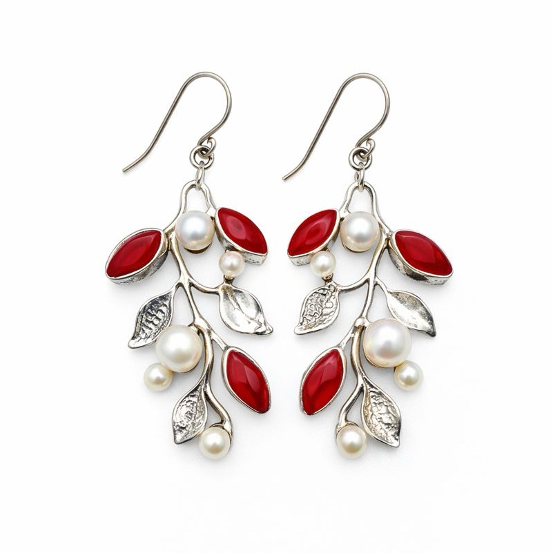 S925 Red Coral And Freshwater Pearl Leaf Dangle Earrings